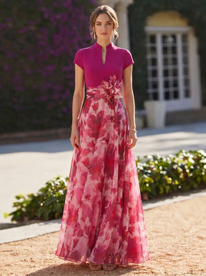 A Line/Princess Evening Dresses Shirt Collar Short Sleeves Floor Length Floral Prints With Flower Ruched Mother of the Bride Dresses