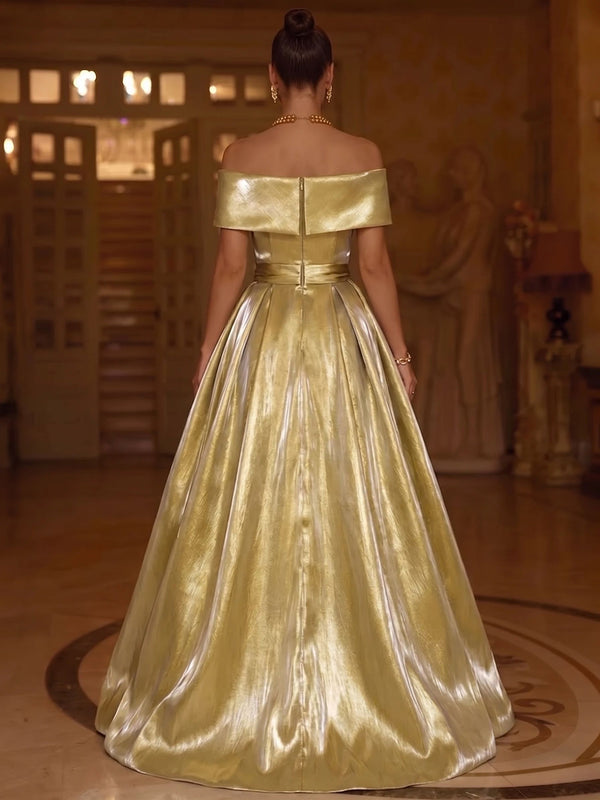 A-Line/Princess Satin Evening Gown Elegant Formal Dress Formal Floor Length Sleeveless Off The Shoulder With High Slit