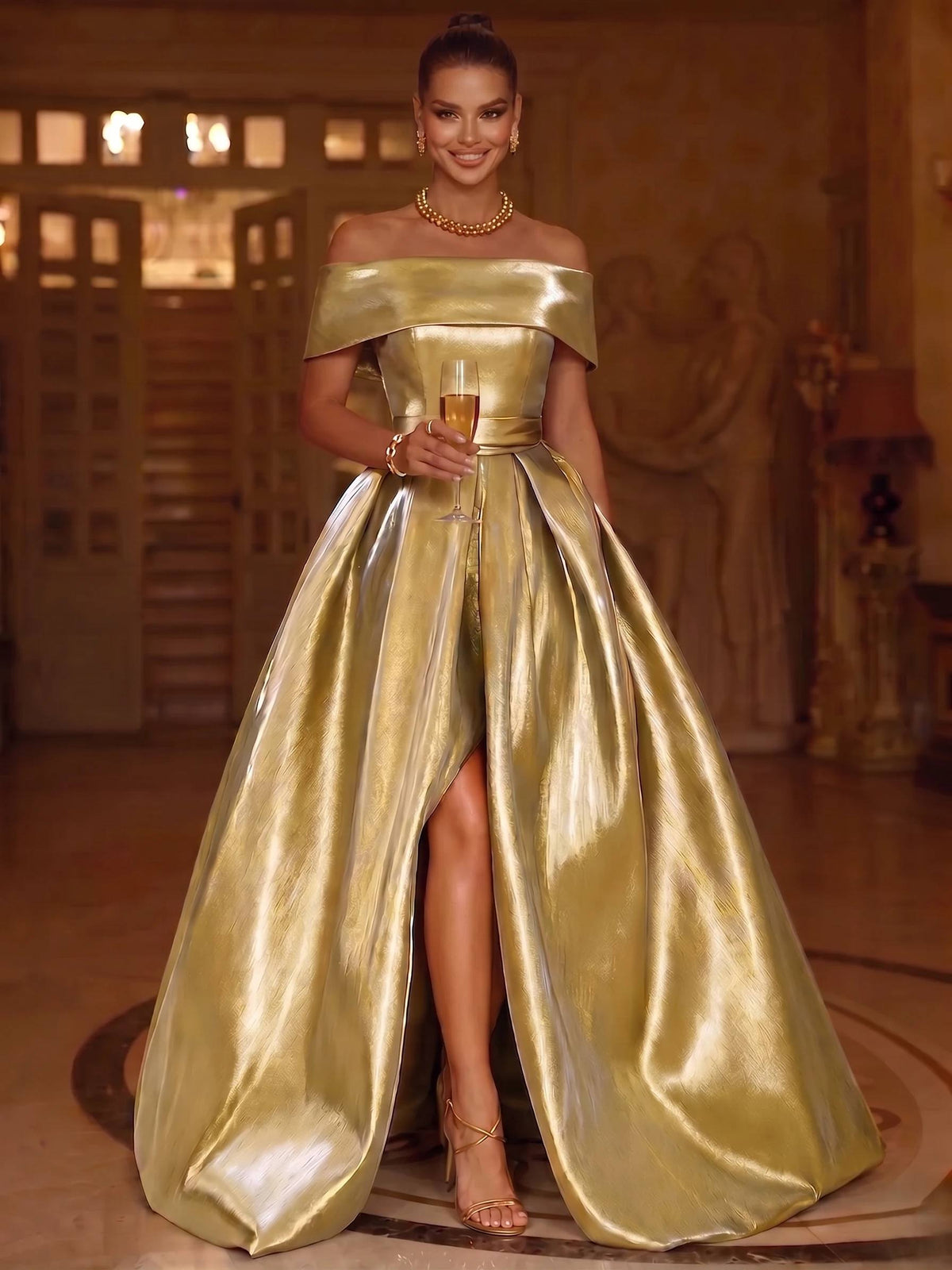 A-Line/Princess Satin Evening Gown Elegant Formal Dress Formal Floor Length Sleeveless Off The Shoulder With High Slit