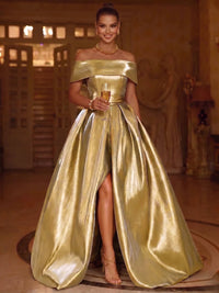 A-Line/Princess Satin Evening Gown Elegant Formal Dress Formal Floor Length Sleeveless Off The Shoulder With High Slit