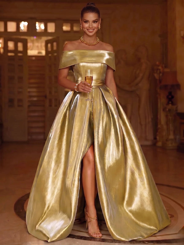 A-Line/Princess Satin Evening Gown Elegant Formal Dress Formal Floor Length Sleeveless Off The Shoulder With High Slit