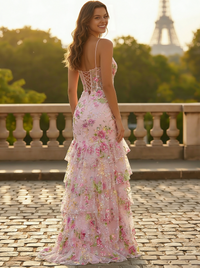 A-Line/Princess Layered Prom Dresses Sparkly Pink Floral Strapless Floor-Length Beads Formal Gowns