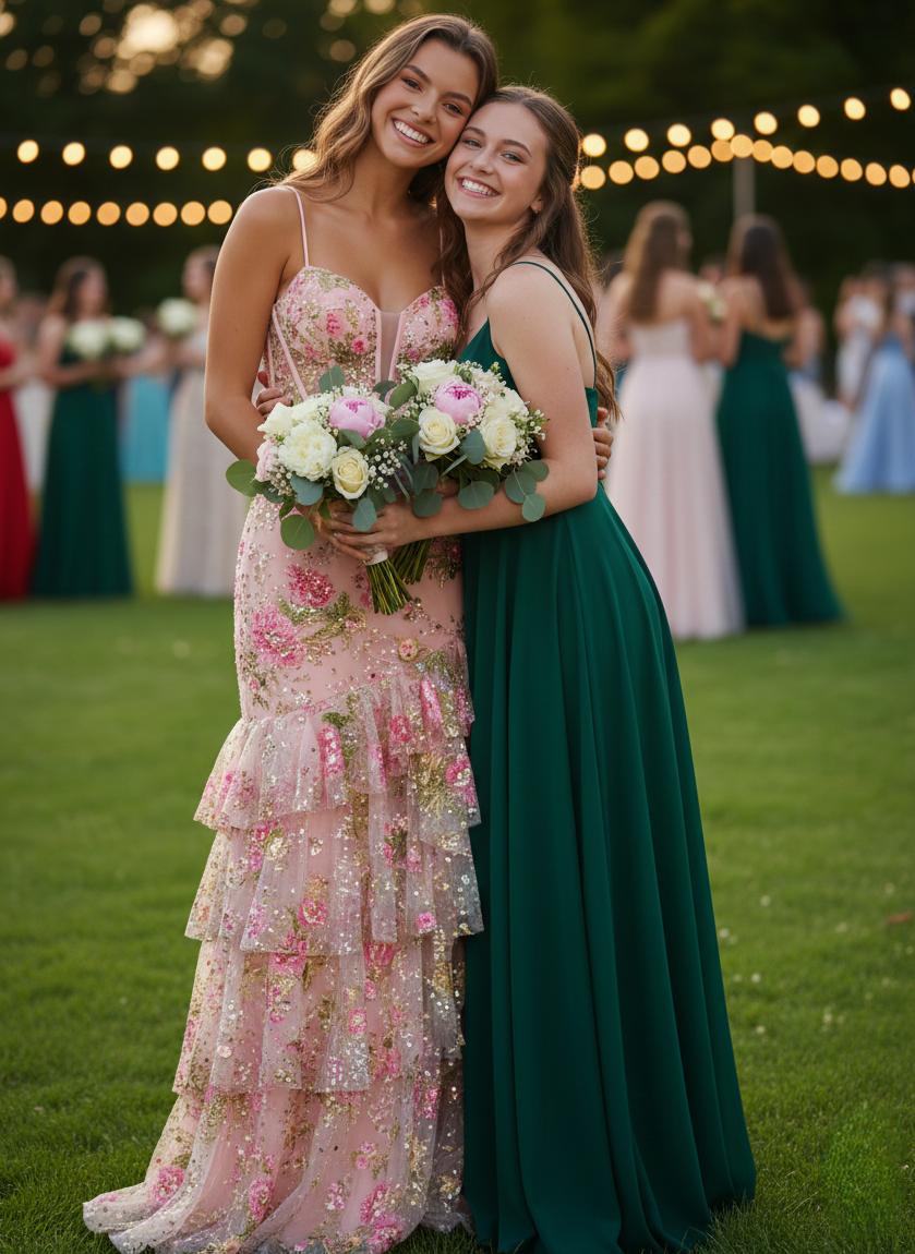 A-Line/Princess Layered Prom Dresses Sparkly Pink Floral Strapless Floor-Length Beads Formal Gowns
