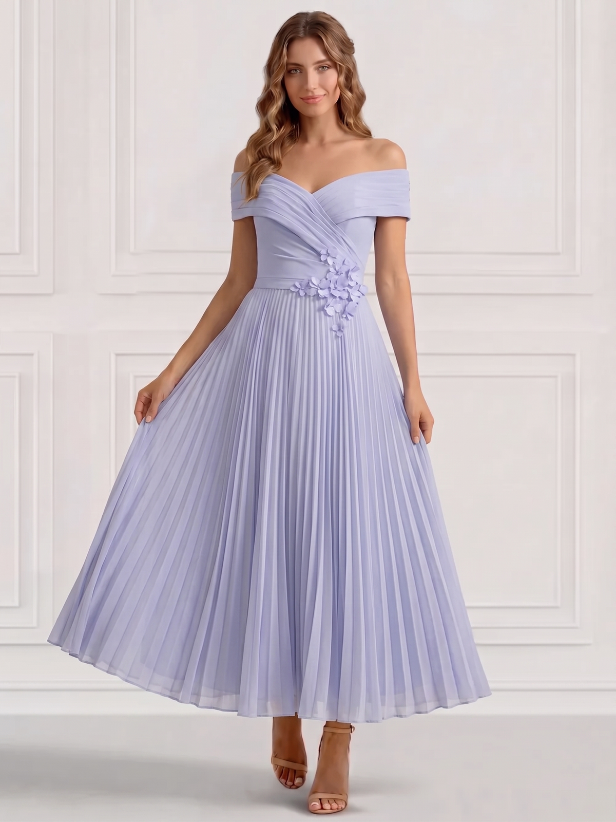 A-Line Cocktail Dress Elegant Floral Appliques Chiffon Dress Off The Shoulder Tea Length Short Sleeves Pleated Wedding Guest Dress