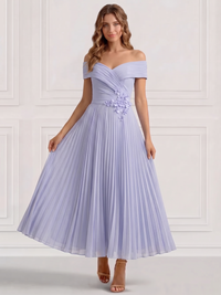 A-Line Cocktail Dress Elegant Floral Appliques Chiffon Dress Off The Shoulder Tea Length Short Sleeves Pleated Wedding Guest Dress