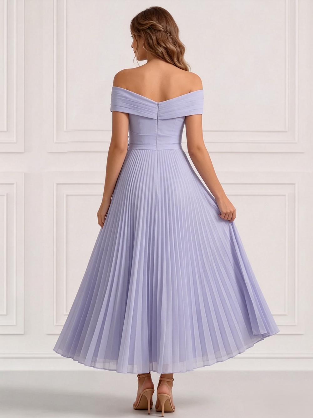 A-Line Cocktail Dress Elegant Floral Appliques Chiffon Dress Off The Shoulder Tea Length Short Sleeves Pleated Wedding Guest Dress