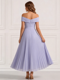 A-Line Cocktail Dress Elegant Floral Appliques Chiffon Dress Off The Shoulder Tea Length Short Sleeves Pleated Wedding Guest Dress