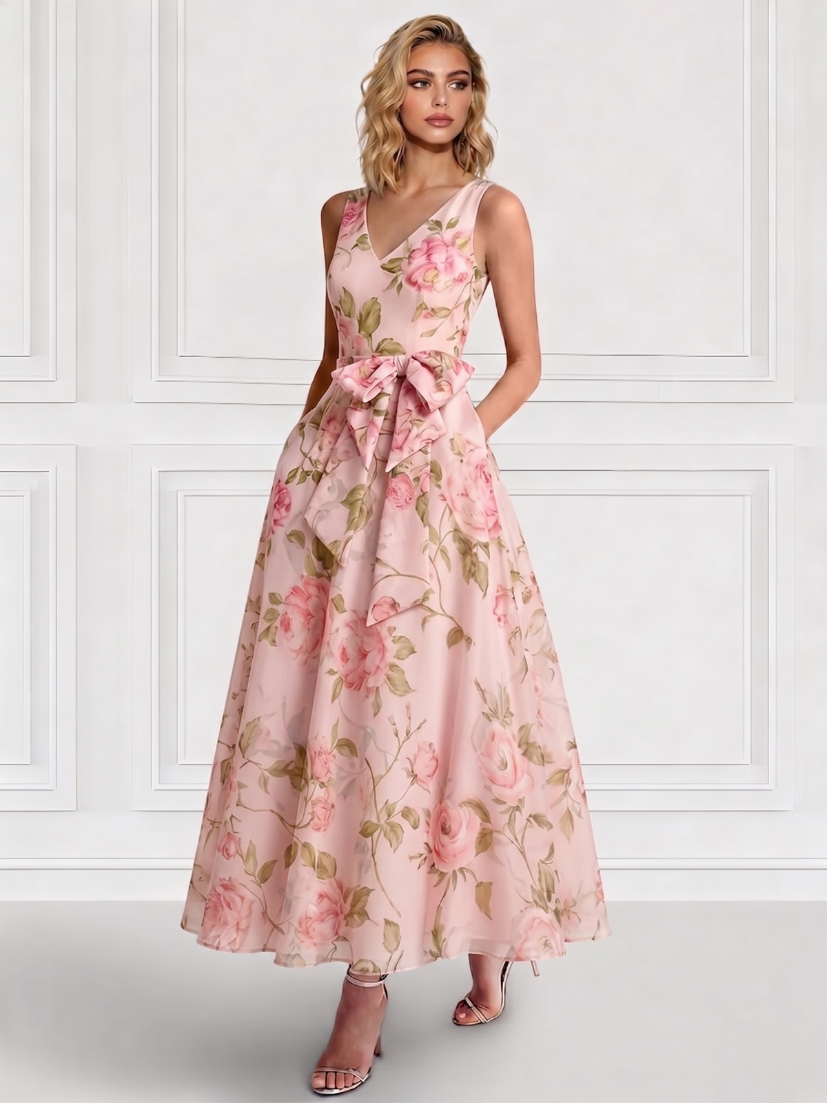 A-Line/Princess Cocktail Dresses Floral Prints Formal V Neck Sleeveless Tea Length with Bowknot Pocket