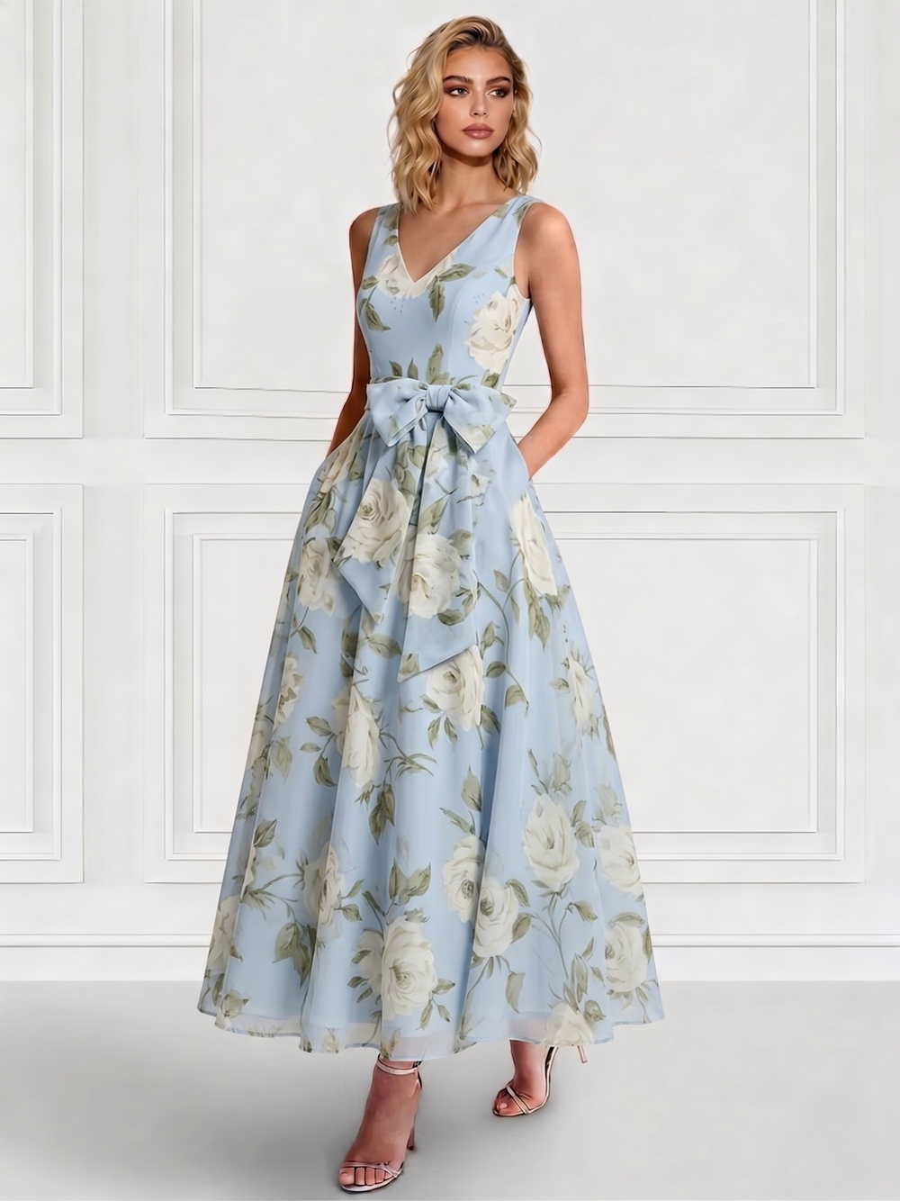 A-Line/Princess Cocktail Dresses Floral Prints Formal V Neck Sleeveless Tea Length with Bowknot Pocket