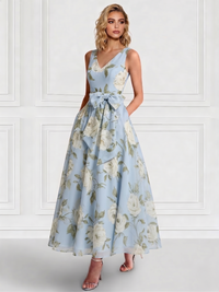 A-Line/Princess Cocktail Dresses Floral Prints Formal V Neck Sleeveless Tea Length with Bowknot Pocket