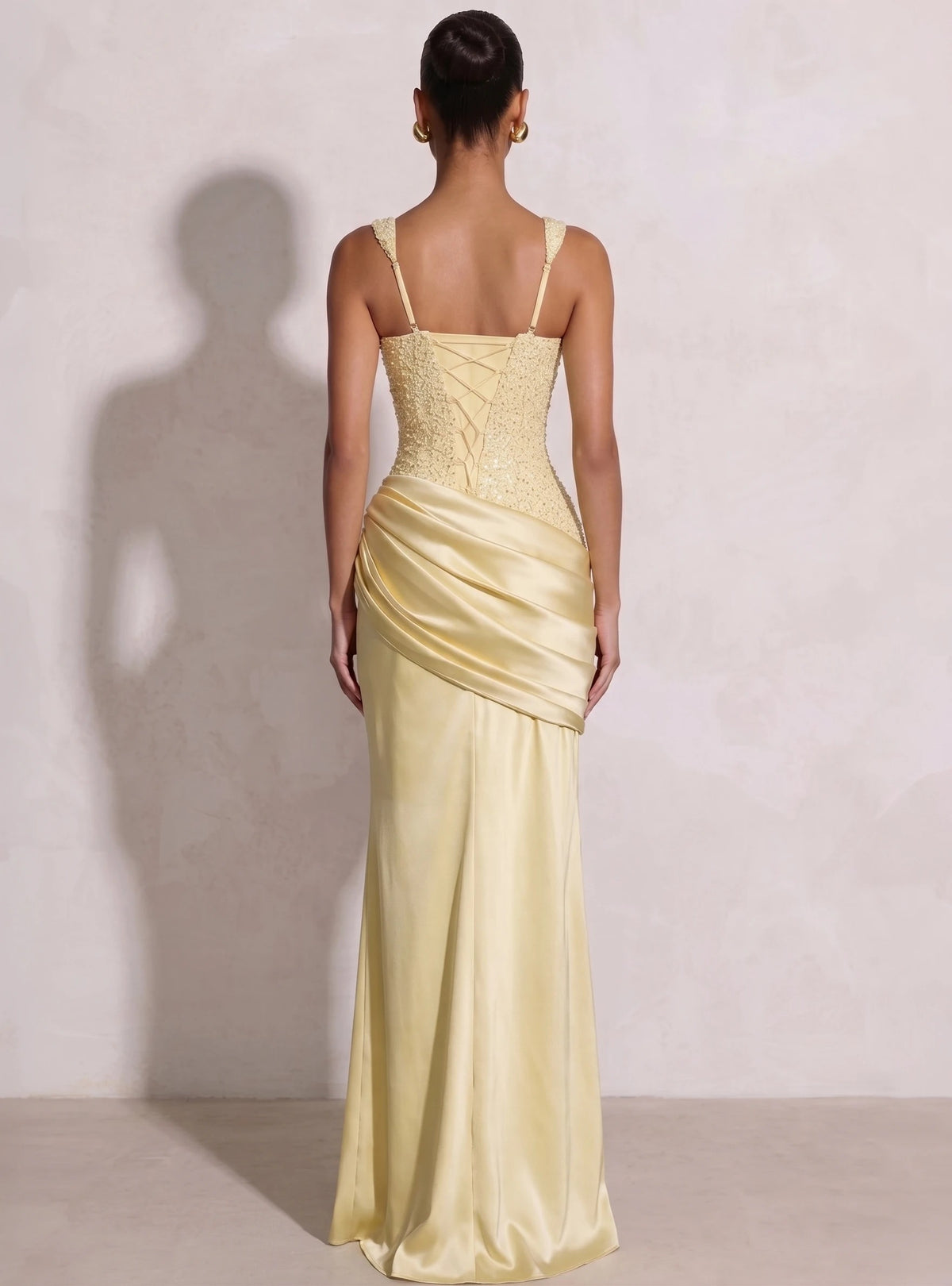 A Line/Princesses Formal Dresses Ruched Satin Spaghetti Straps Sequins Floor-Length Formal Dress Wedding Guest With High Slit