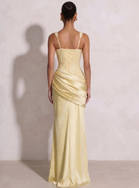 A Line/Princesses Formal Dresses Ruched Satin Spaghetti Straps Sequins Floor-Length Formal Dress Wedding Guest With High Slit