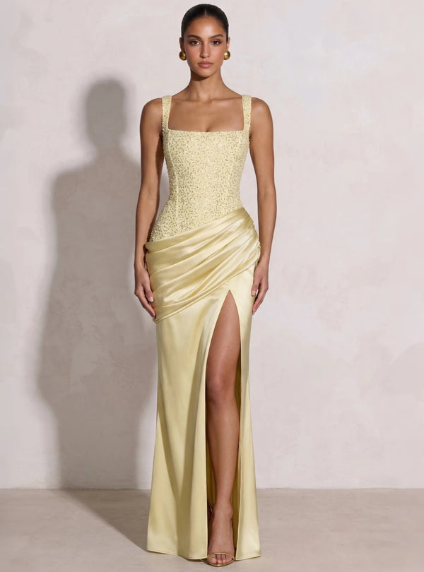 A Line/Princesses Formal Dresses Ruched Satin Spaghetti Straps Sequins Floor-Length Formal Dress Wedding Guest With High Slit