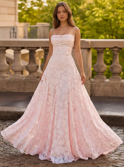 Pink A-Line Prom Dresses Lace Floral Spaghetti Straps Long Wedding Guest Dress Floor Length