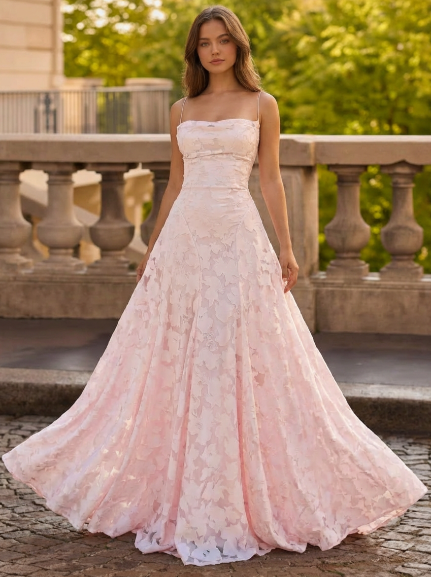 Pink A-Line Prom Dresses Lace Floral Spaghetti Straps Long Wedding Guest Dress Floor Length