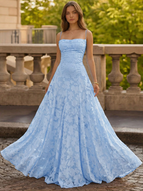 Pink A-Line Prom Dresses Lace Floral Spaghetti Straps Long Wedding Guest Dress Floor Length