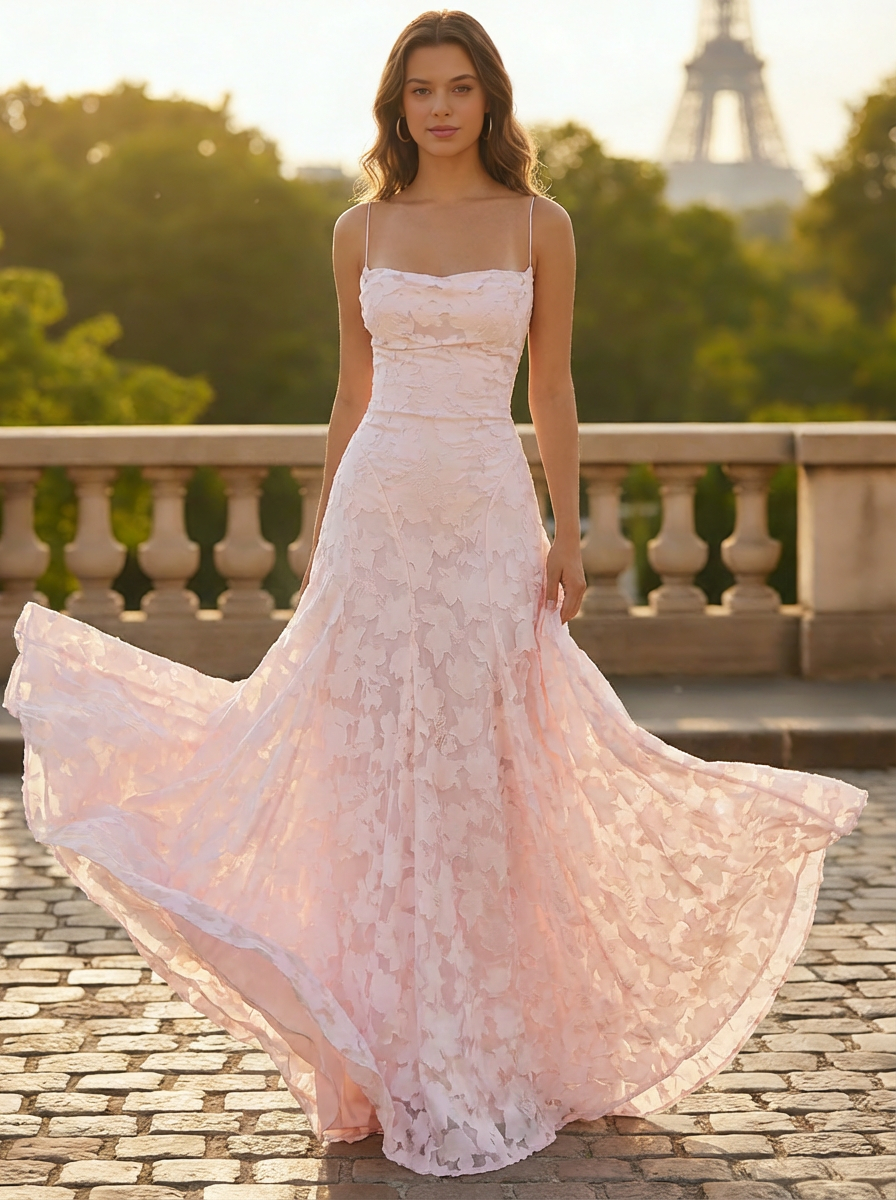 Pink A-Line Prom Dresses Lace Floral Spaghetti Straps Long Wedding Guest Dress Floor Length