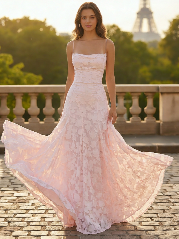 Pink A-Line Prom Dresses Lace Floral Spaghetti Straps Long Wedding Guest Dress Floor Length