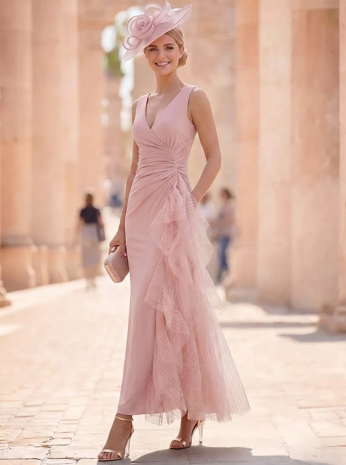 Nafori Dusty Rose Sheath/Column Cocktail Dress V Neck Sleeveless Ankle Length Wedding Guest Dress With Ruffles 2026