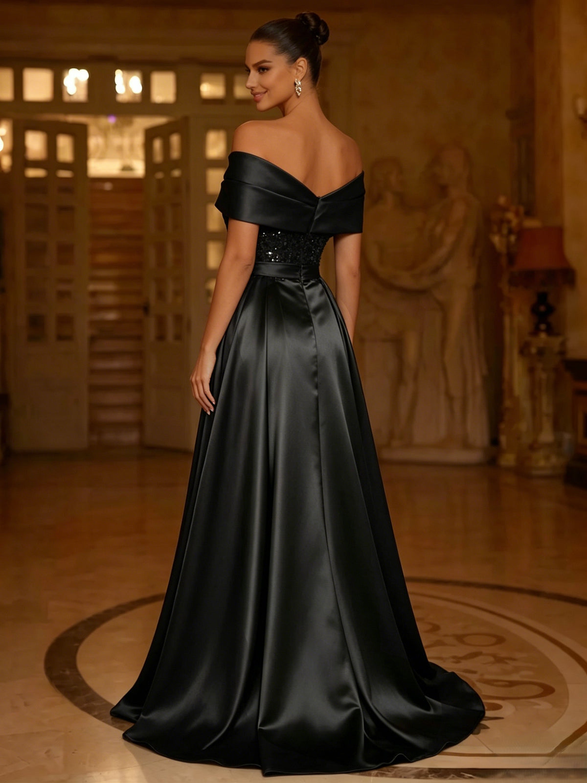 Sequin Mermaid / Trumpet Evening Gown With Detachable Overskirt Elegant Dress Formal Wedding Floor Length Short Sleeves Off Shoulder Sequined