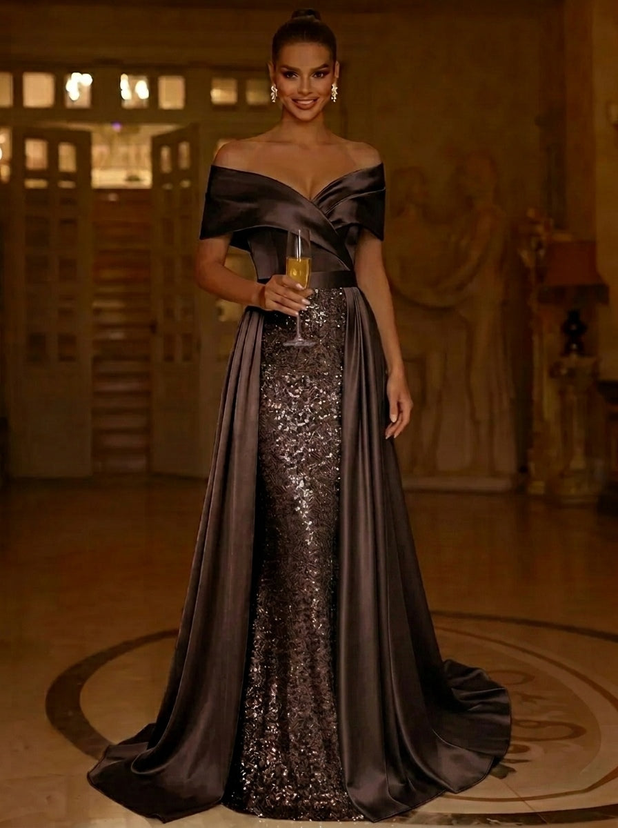Sequin Mermaid/Trumpet Evening Gown With Detachable Overskirt Elegant Dress Formal Wedding Floor Length Short Sleeves Off Shoulder Sequined