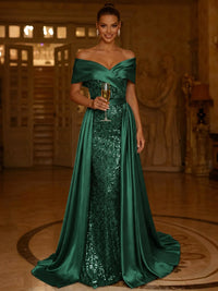Sequin Mermaid / Trumpet Evening Gown With Detachable Overskirt Elegant Dress Formal Wedding Floor Length Short Sleeves Off Shoulder Sequined