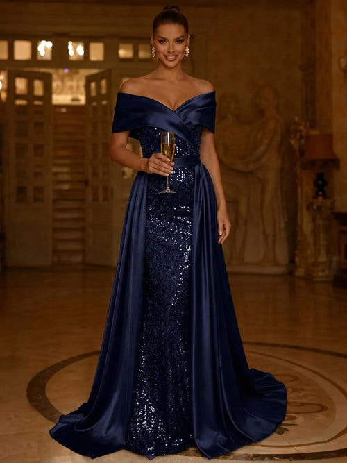 Sequin Mermaid / Trumpet Evening Gown With Detachable Overskirt Elegant Dress Formal Wedding Floor Length Short Sleeves Off Shoulder Sequined