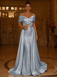 Sequin Mermaid / Trumpet Evening Gown With Detachable Overskirt Elegant Dress Formal Wedding Floor Length Short Sleeves Off Shoulder Sequined
