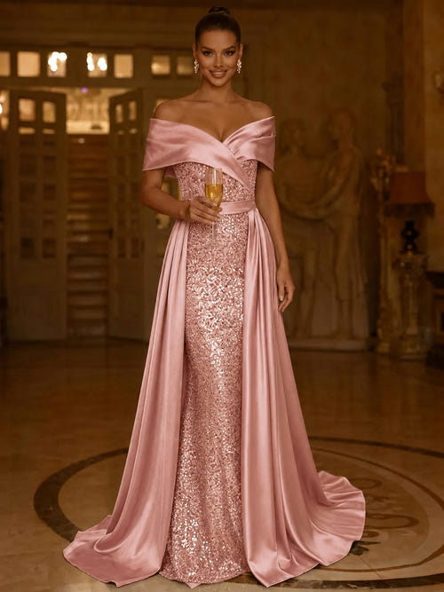 Sequin Mermaid / Trumpet Evening Gown With Detachable Overskirt Elegant Dress Formal Wedding Floor Length Short Sleeves Off Shoulder Sequined