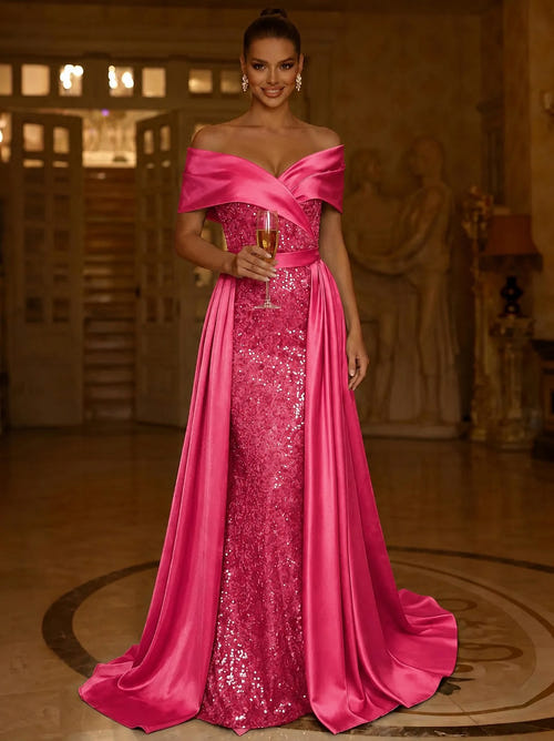 Sequin Mermaid / Trumpet Evening Gown With Detachable Overskirt Elegant Dress Formal Wedding Floor Length Short Sleeves Off Shoulder Sequined