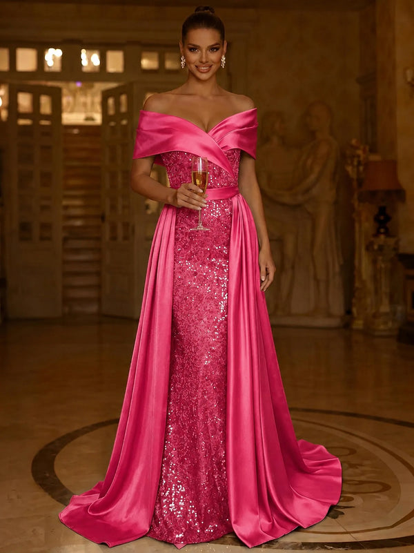 Sequin Mermaid / Trumpet Evening Gown With Detachable Overskirt Elegant Dress Formal Wedding Floor Length Short Sleeves Off Shoulder Sequined