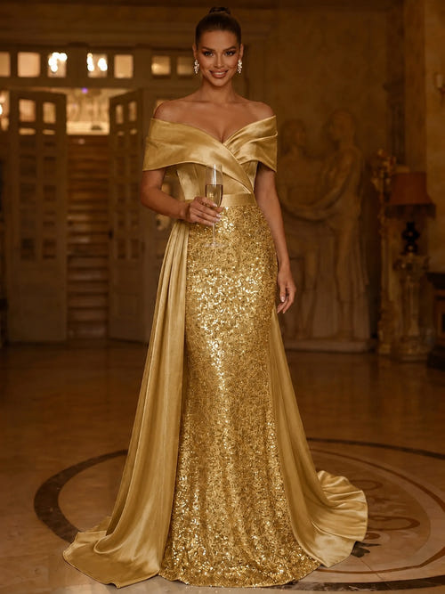Sequin Mermaid / Trumpet Evening Gown With Detachable Overskirt Elegant Dress Formal Wedding Floor Length Short Sleeves Off Shoulder Sequined