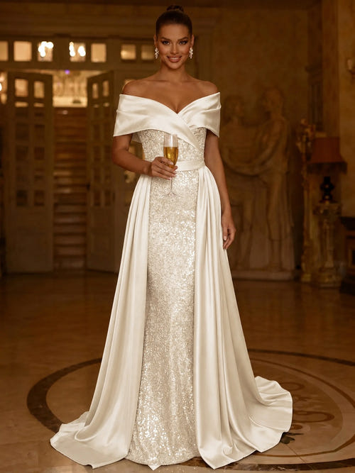Sequin Mermaid / Trumpet Evening Gown With Detachable Overskirt Elegant Dress Formal Wedding Floor Length Short Sleeves Off Shoulder Sequined