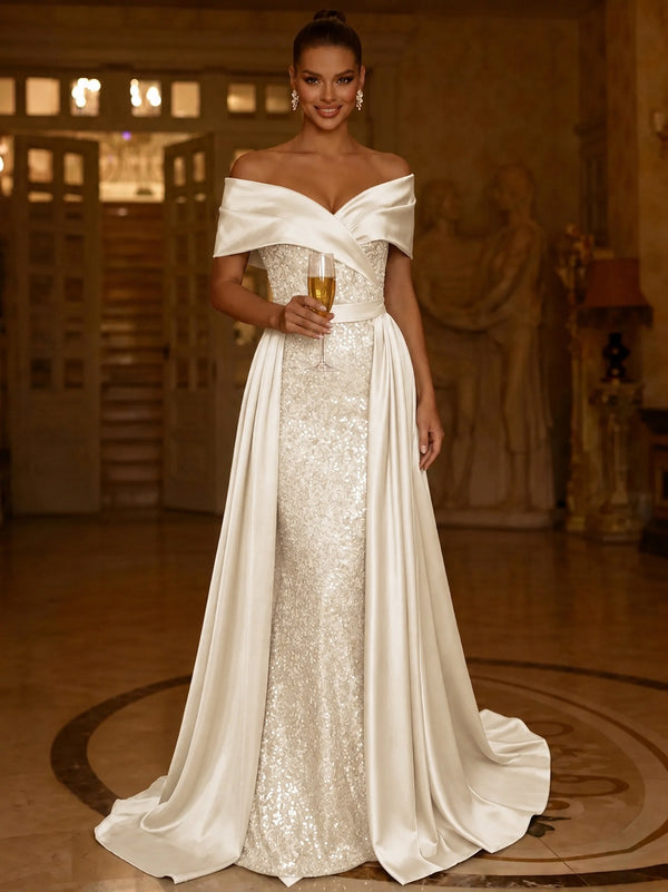 Sequin Mermaid / Trumpet Evening Gown With Detachable Overskirt Elegant Dress Formal Wedding Floor Length Short Sleeves Off Shoulder Sequined