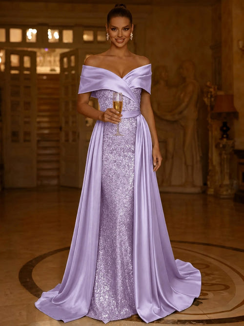 Sequin Mermaid / Trumpet Evening Gown With Detachable Overskirt Elegant Dress Formal Wedding Floor Length Short Sleeves Off Shoulder Sequined