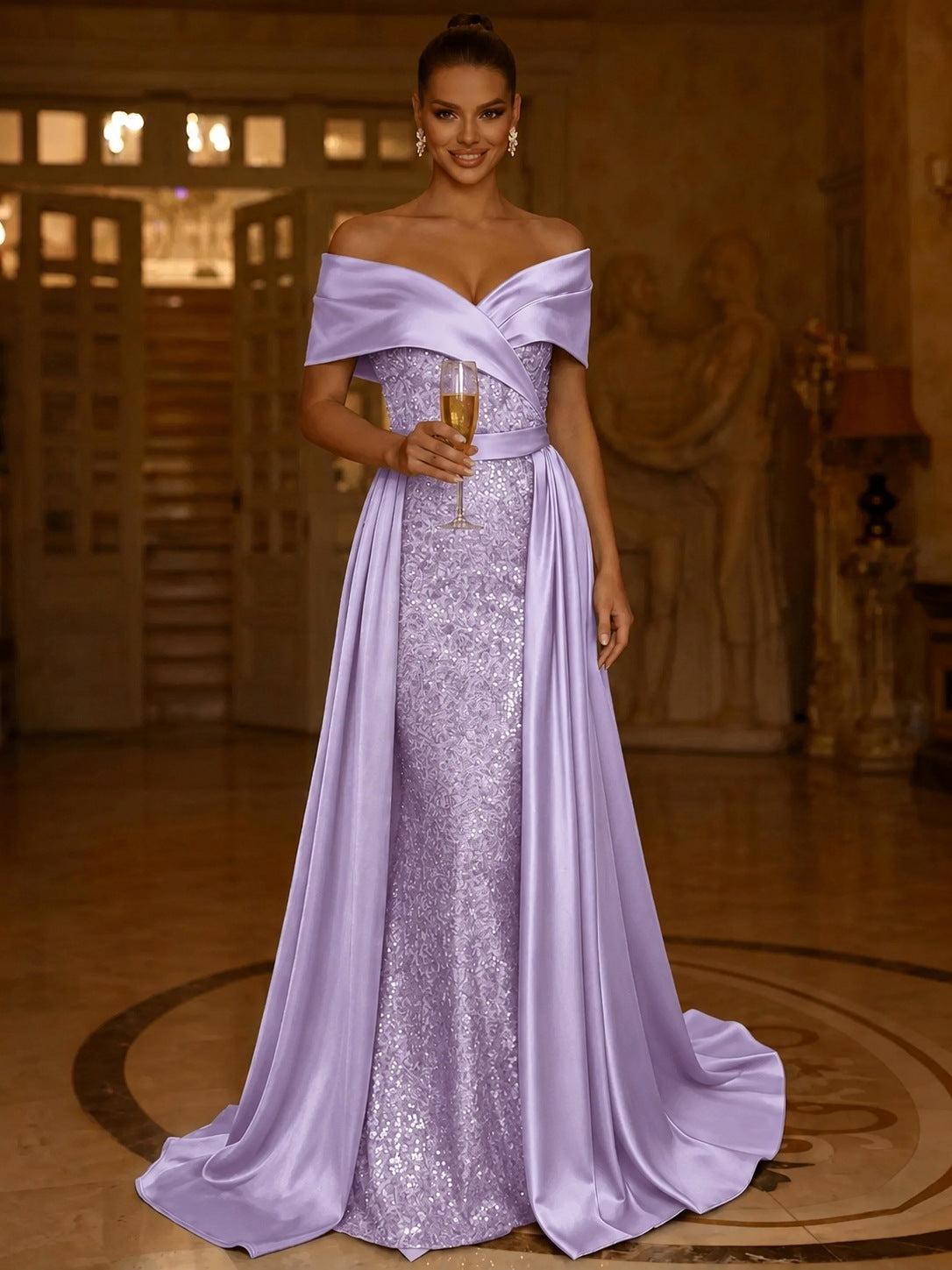 Sequin Mermaid / Trumpet Evening Gown With Detachable Overskirt Elegant Dress Formal Wedding Floor Length Short Sleeves Off Shoulder Sequined