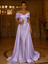 Sequin Mermaid / Trumpet Evening Gown With Detachable Overskirt Elegant Dress Formal Wedding Floor Length Short Sleeves Off Shoulder Sequined