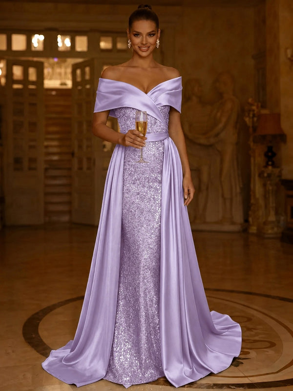 Sequin Mermaid / Trumpet Evening Gown With Detachable Overskirt Elegant Dress Formal Wedding Floor Length Short Sleeves Off Shoulder Sequined