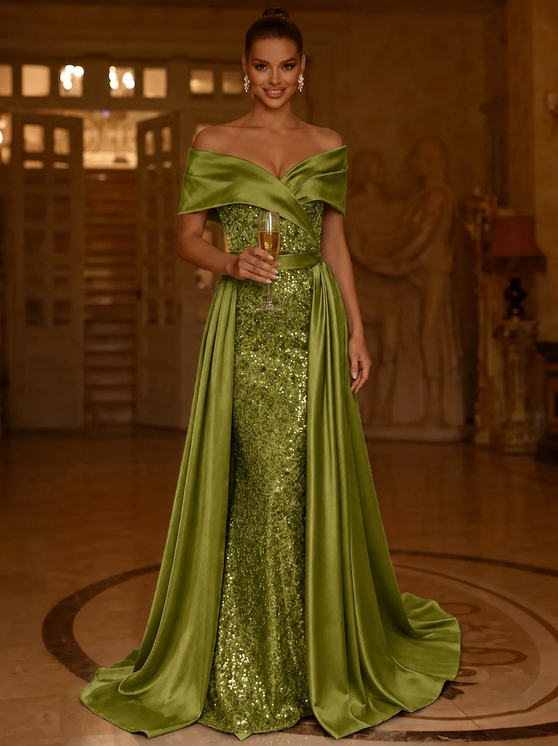 Sequin Mermaid / Trumpet Evening Gown With Detachable Overskirt Elegant Dress Formal Wedding Floor Length Short Sleeves Off Shoulder Sequined