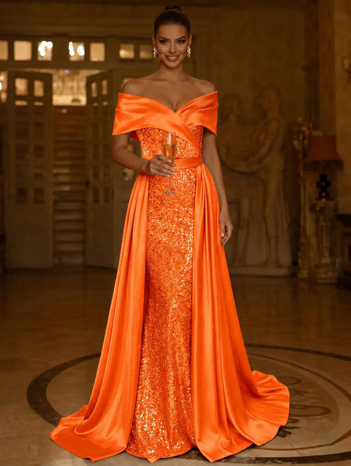 Sequin Mermaid / Trumpet Evening Gown With Detachable Overskirt Elegant Dress Formal Wedding Floor Length Short Sleeves Off Shoulder Sequined