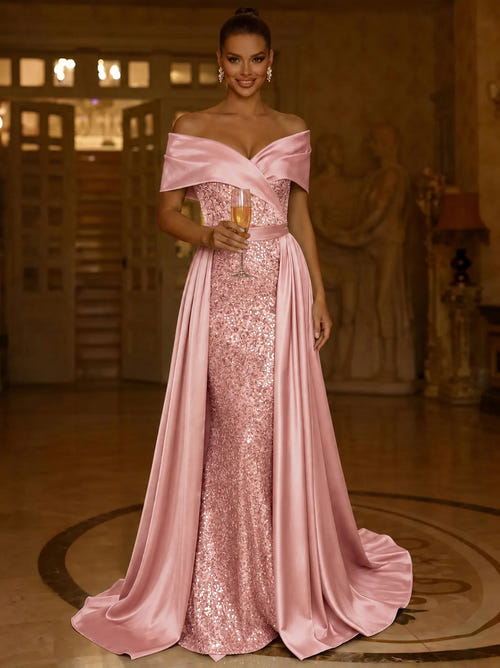 Sequin Mermaid / Trumpet Evening Gown With Detachable Overskirt Elegant Dress Formal Wedding Floor Length Short Sleeves Off Shoulder Sequined