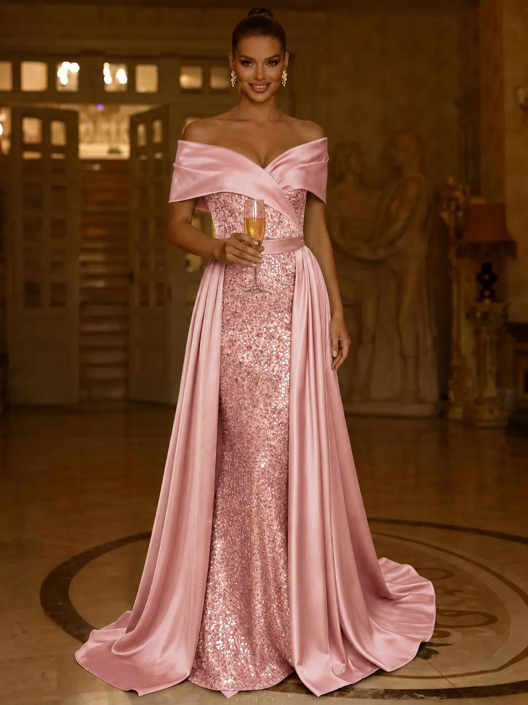 Sequin Mermaid / Trumpet Evening Gown With Detachable Overskirt Elegant Dress Formal Wedding Floor Length Short Sleeves Off Shoulder Sequined