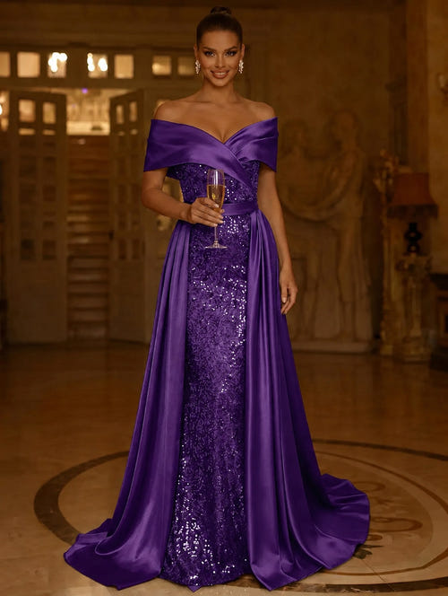 Sequin Mermaid / Trumpet Evening Gown With Detachable Overskirt Elegant Dress Formal Wedding Floor Length Short Sleeves Off Shoulder Sequined