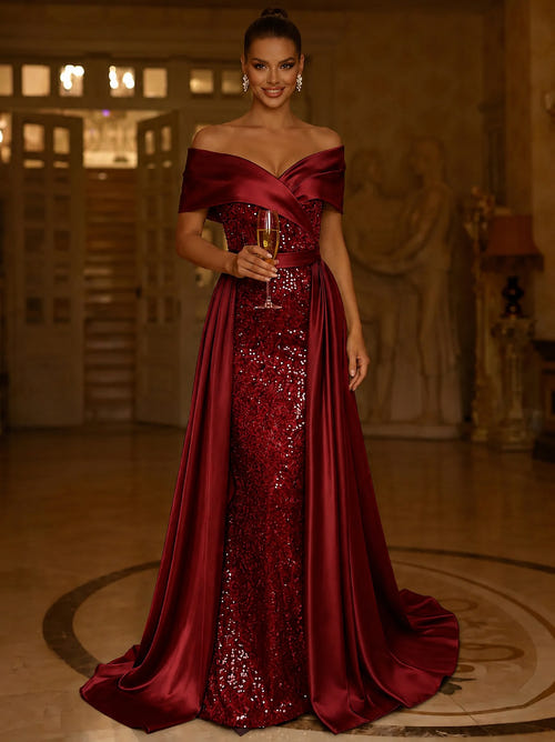 Sequin Mermaid / Trumpet Evening Gown With Detachable Overskirt Elegant Dress Formal Wedding Floor Length Short Sleeves Off Shoulder Sequined