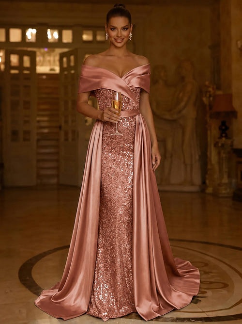 Sequin Mermaid / Trumpet Evening Gown With Detachable Overskirt Elegant Dress Formal Wedding Floor Length Short Sleeves Off Shoulder Sequined
