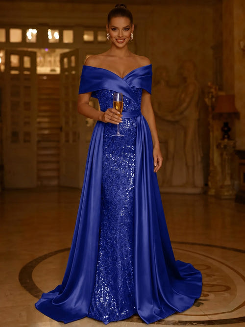 Sequin Mermaid / Trumpet Evening Gown With Detachable Overskirt Elegant Dress Formal Wedding Floor Length Short Sleeves Off Shoulder Sequined