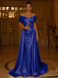 Sequin Mermaid / Trumpet Evening Gown With Detachable Overskirt Elegant Dress Formal Wedding Floor Length Short Sleeves Off Shoulder Sequined