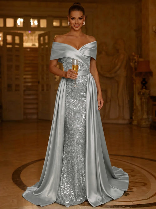 Sequin Mermaid / Trumpet Evening Gown With Detachable Overskirt Elegant Dress Formal Wedding Floor Length Short Sleeves Off Shoulder Sequined