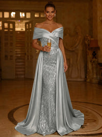 Sequin Mermaid / Trumpet Evening Gown With Detachable Overskirt Elegant Dress Formal Wedding Floor Length Short Sleeves Off Shoulder Sequined