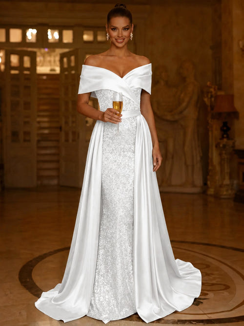 Sequin Mermaid / Trumpet Evening Gown With Detachable Overskirt Elegant Dress Formal Wedding Floor Length Short Sleeves Off Shoulder Sequined